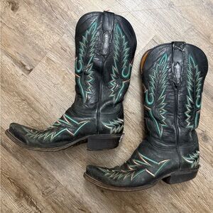 Lucchese Black and Turquoise Snip Toe Western Cowboy Boots Size 7
